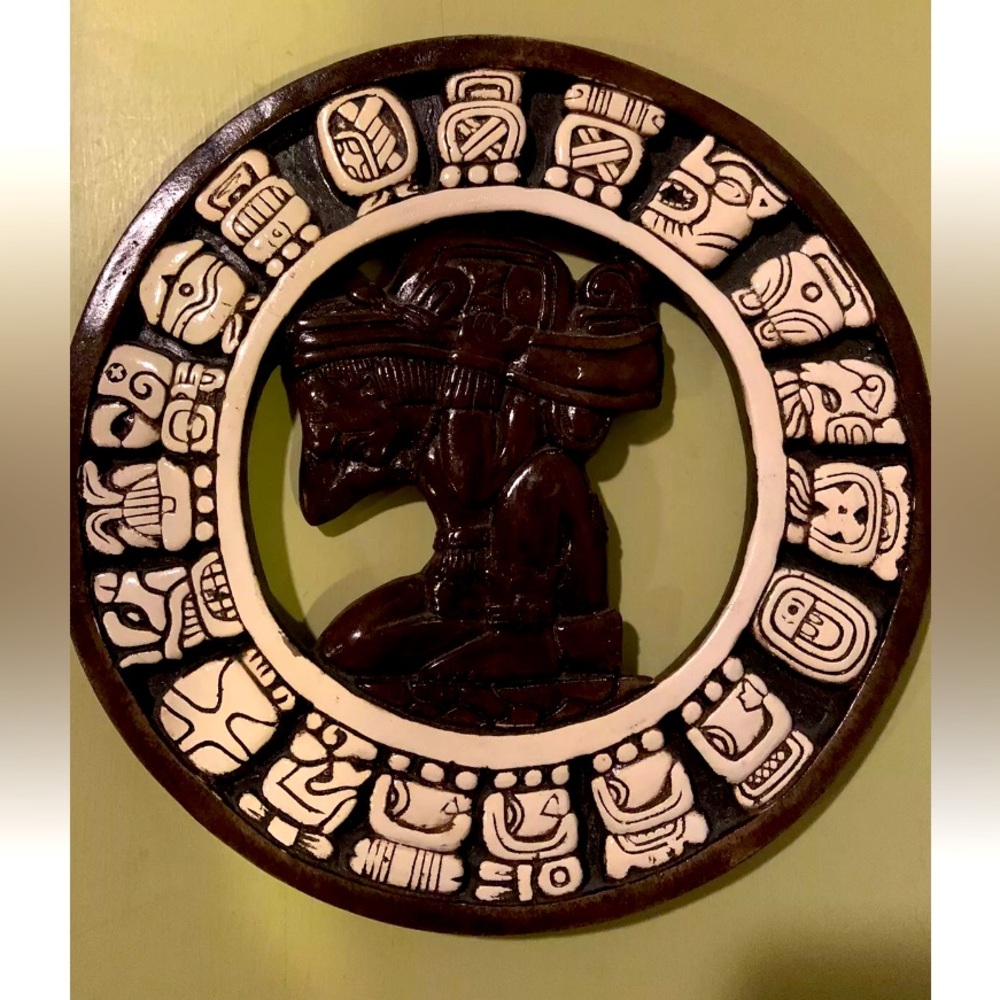 Aztec/Mayan Calendar 10.25” Diameter Glazed Ceramic & Wood Unique